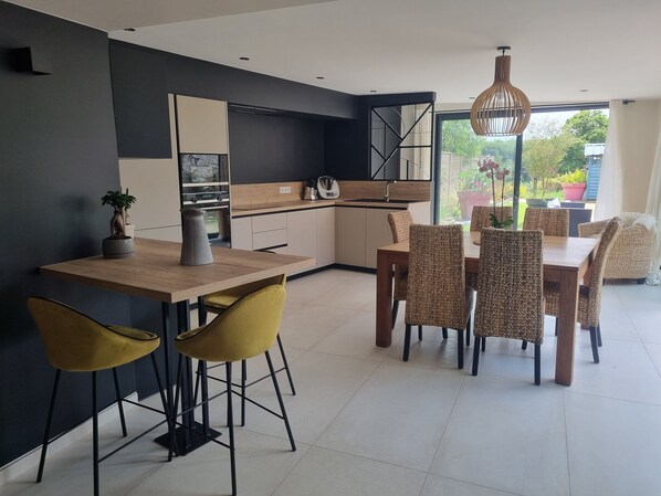 Une cuisine moderne avec un coin repas, comprenant une table en bois, des chaises en osier et une plante en pot.