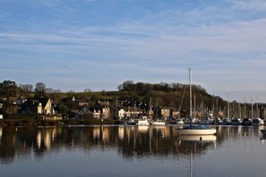 A marina with boats docked, a calm lake, and a town with houses in the background.