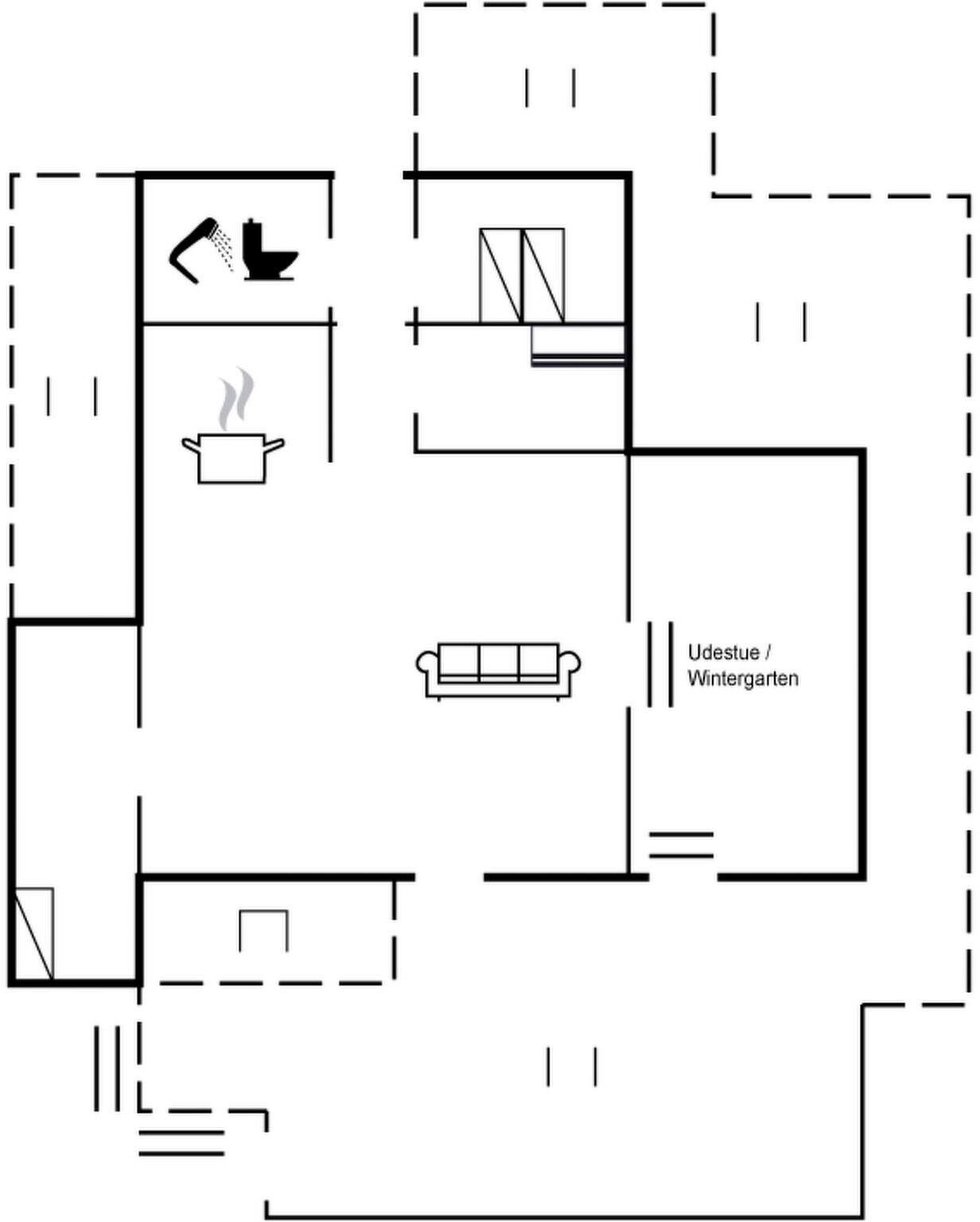 Ein Grundriss mit einer Küche, einem Wohnzimmer und einem separaten Bereich für eine Udestue/Wintergarten.