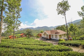 A house surrounded by lush green tea fields and mountains in the background. - Samrakshitha - The Villa (Kotagiri)
