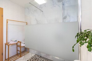 Shower, hair dryer, towels