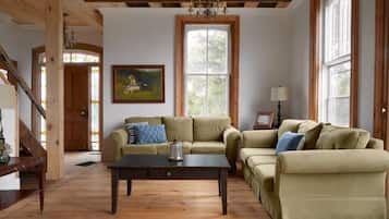 TV, fireplace, books