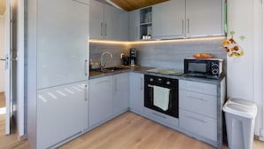 A compact kitchen with grey cabinets, a built-in oven, a microwave, and a sink. - Holiday Home 'Madera Concordiasee' with Wi-Fi and Air Conditioning (Seeland)