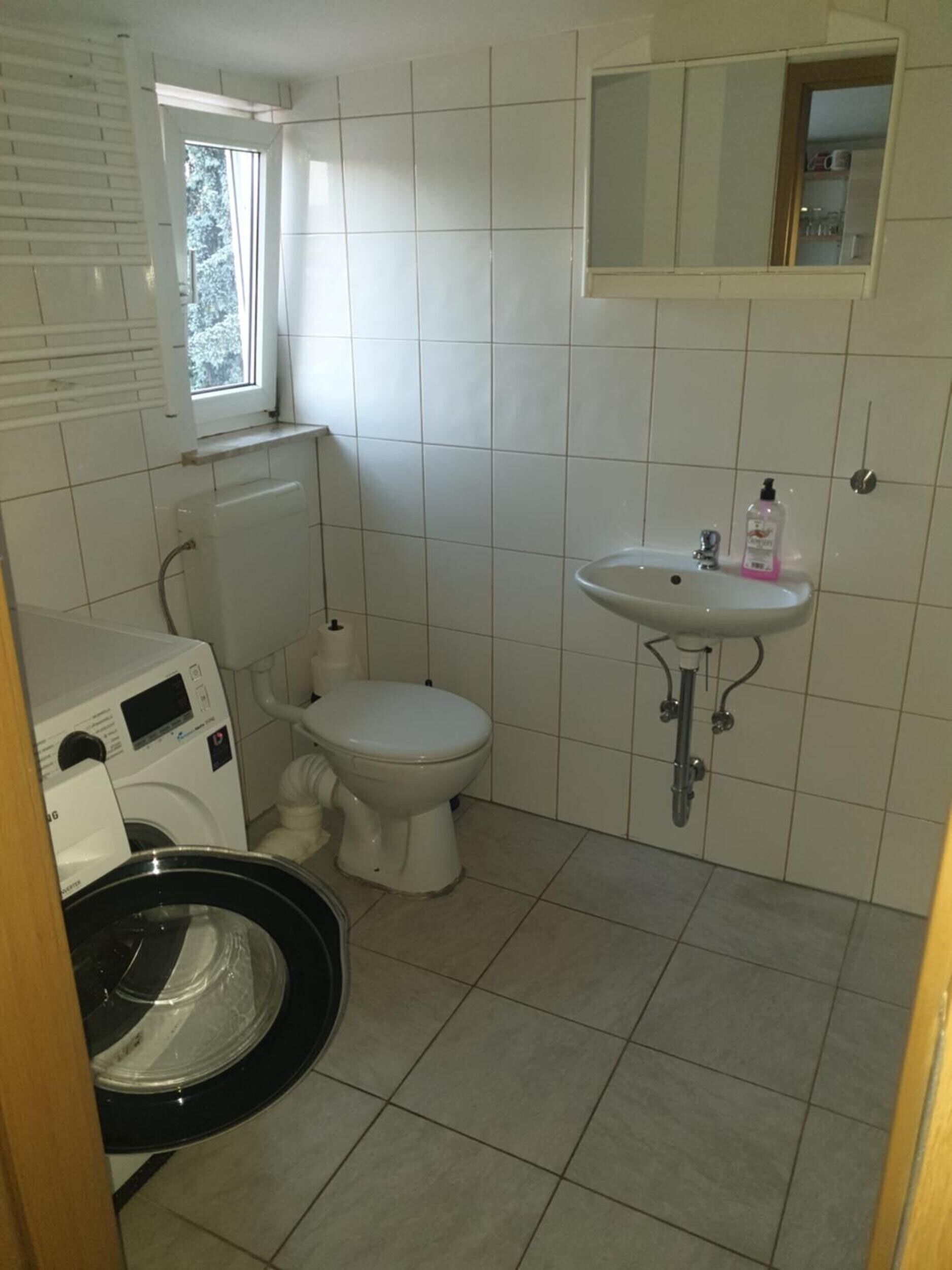 Een kleine badkamer met toilet, wastafel en wasmachine.