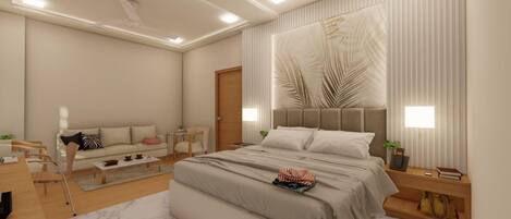 A modern bedroom with a large bed, bedside tables, a sofa, and a dining area.