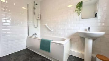 Shower, hair dryer, shampoo
