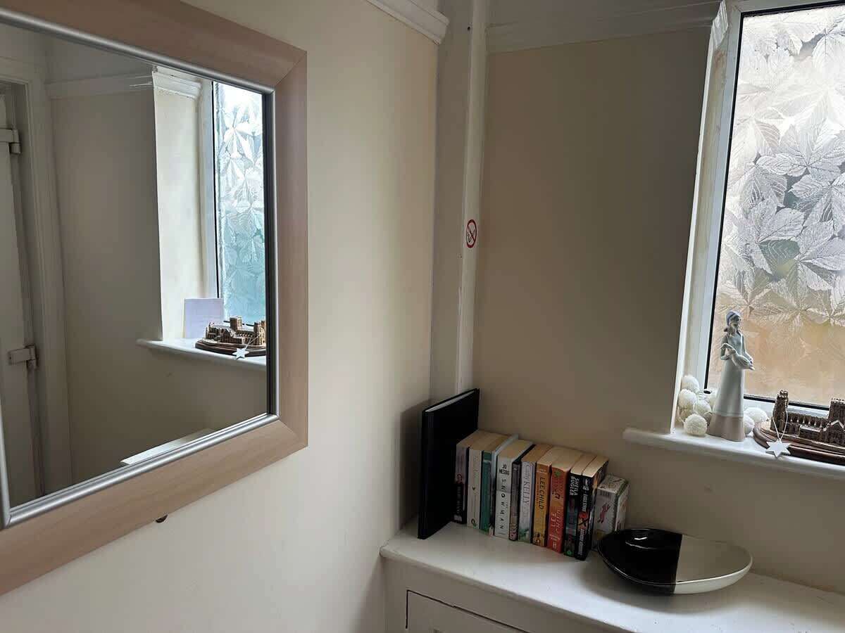 A room with a large mirror, a window with frosted glass, a bookshelf, and a small shelf with decorative items.