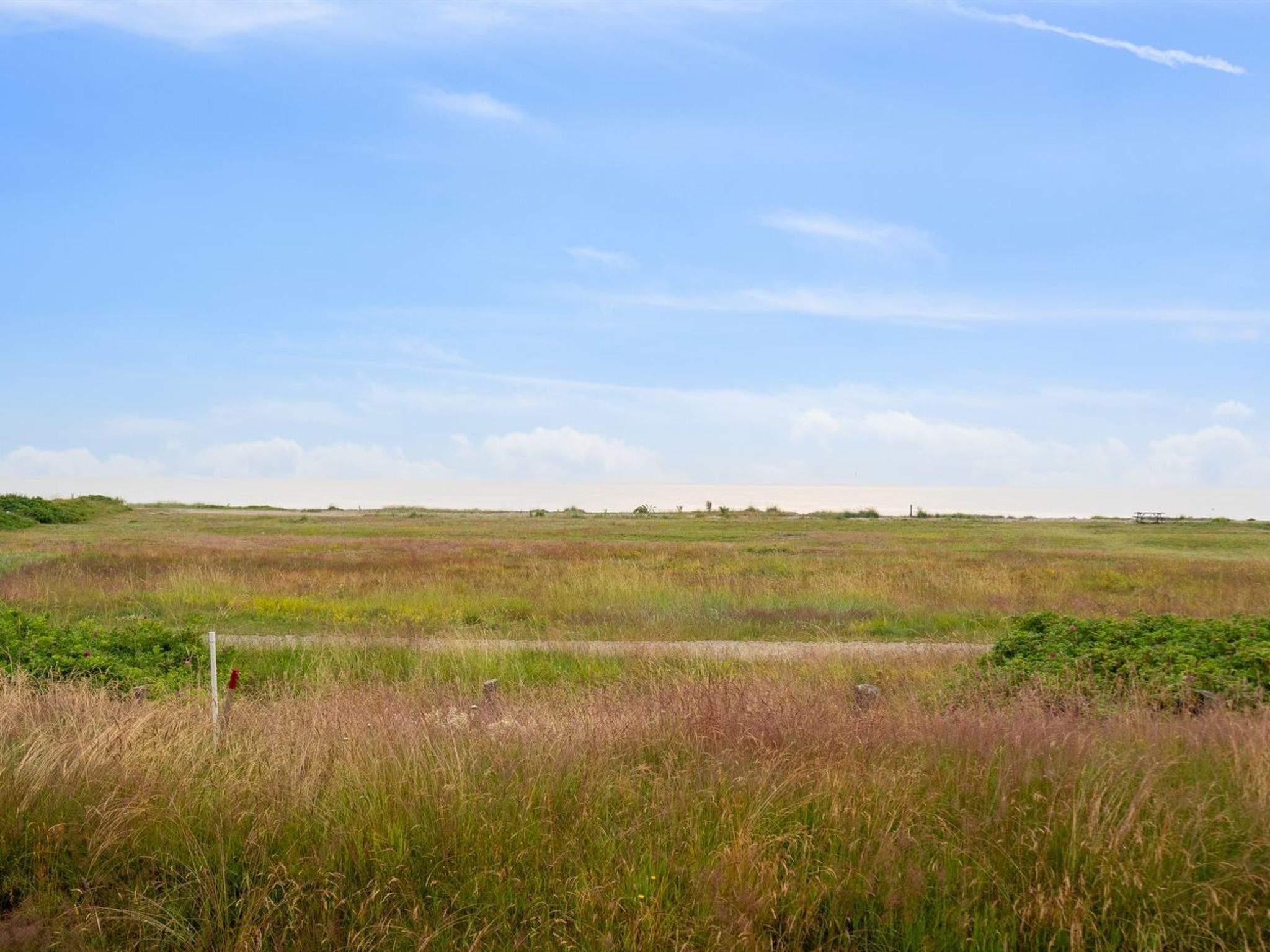A flat, open landscape with a clear sky and sparse vegetation.