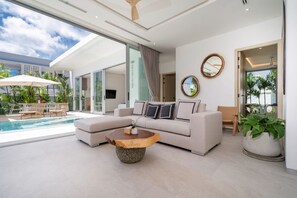 Exclusive Villa, 4 Bedrooms, Pool View | Living area | Smart TV - Modern Open Design 4BR Pool Villa Mina (Rawai)
