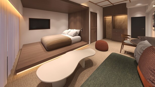 A modern interior with a bed, seating area, and a small table. - illi Tas Shinjuku (Tokyo)