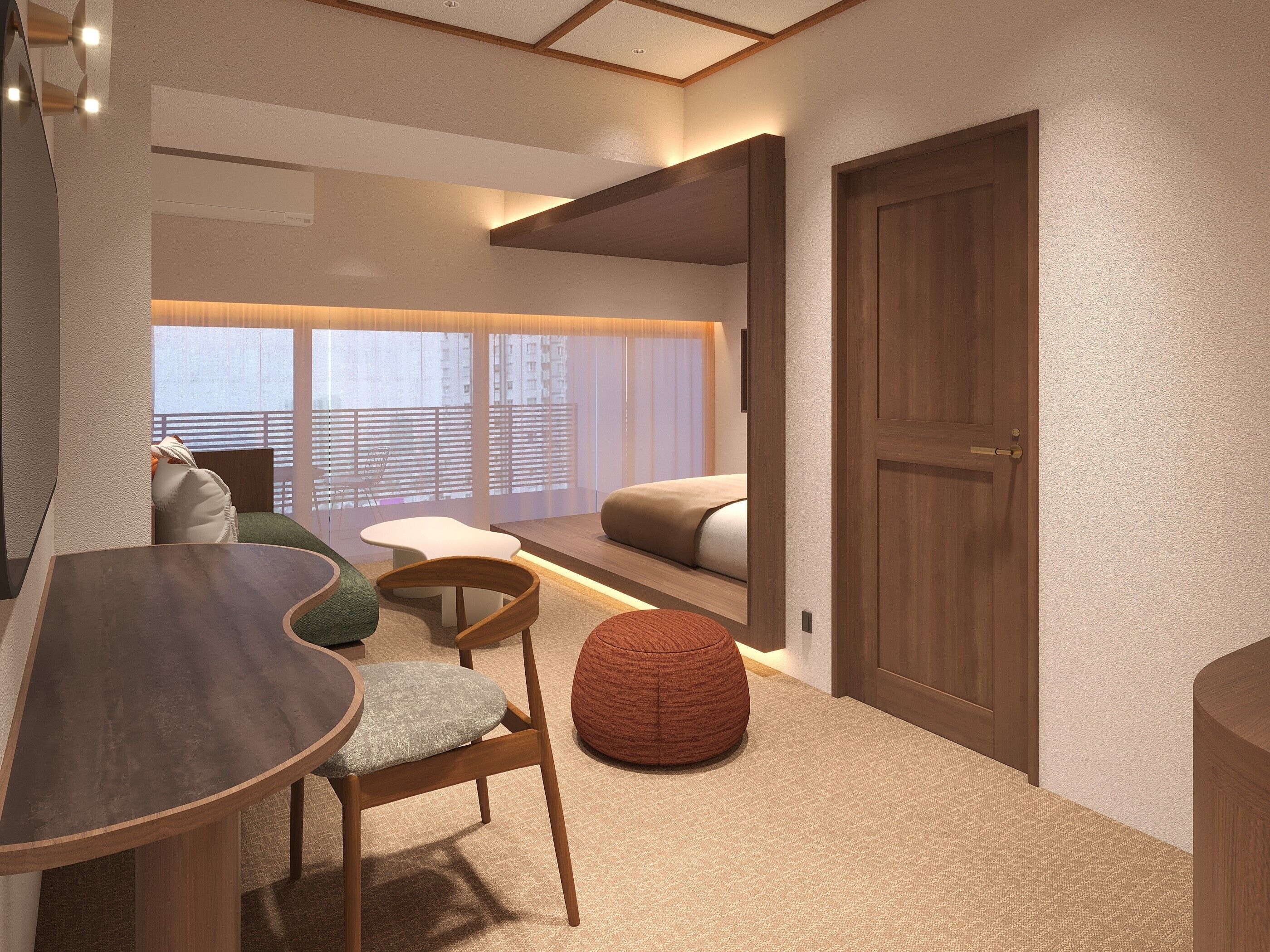 A modern, well-lit room with a wooden door, a round table, a cushioned bench, and a large window with blinds.