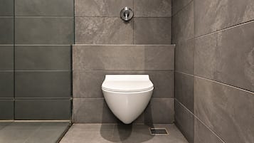 A modern bathroom with a toilet, a shower, and a wall-mounted faucet.