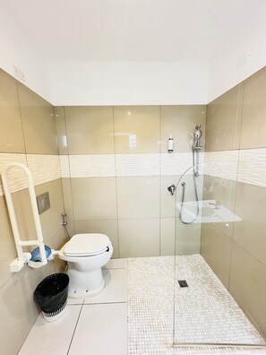 Douche, sèche-cheveux, serviettes fournies, savon