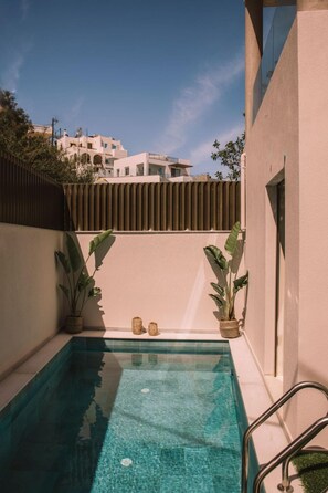 Una piscina con superficie d'acqua cristallina e blu, circondata da un muretto e piante in vaso.