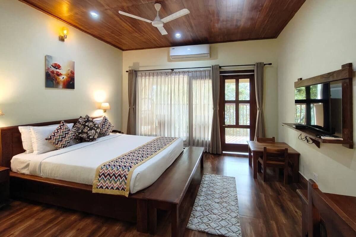 A bedroom with a large bed, a ceiling fan, a TV, and a window with curtains.