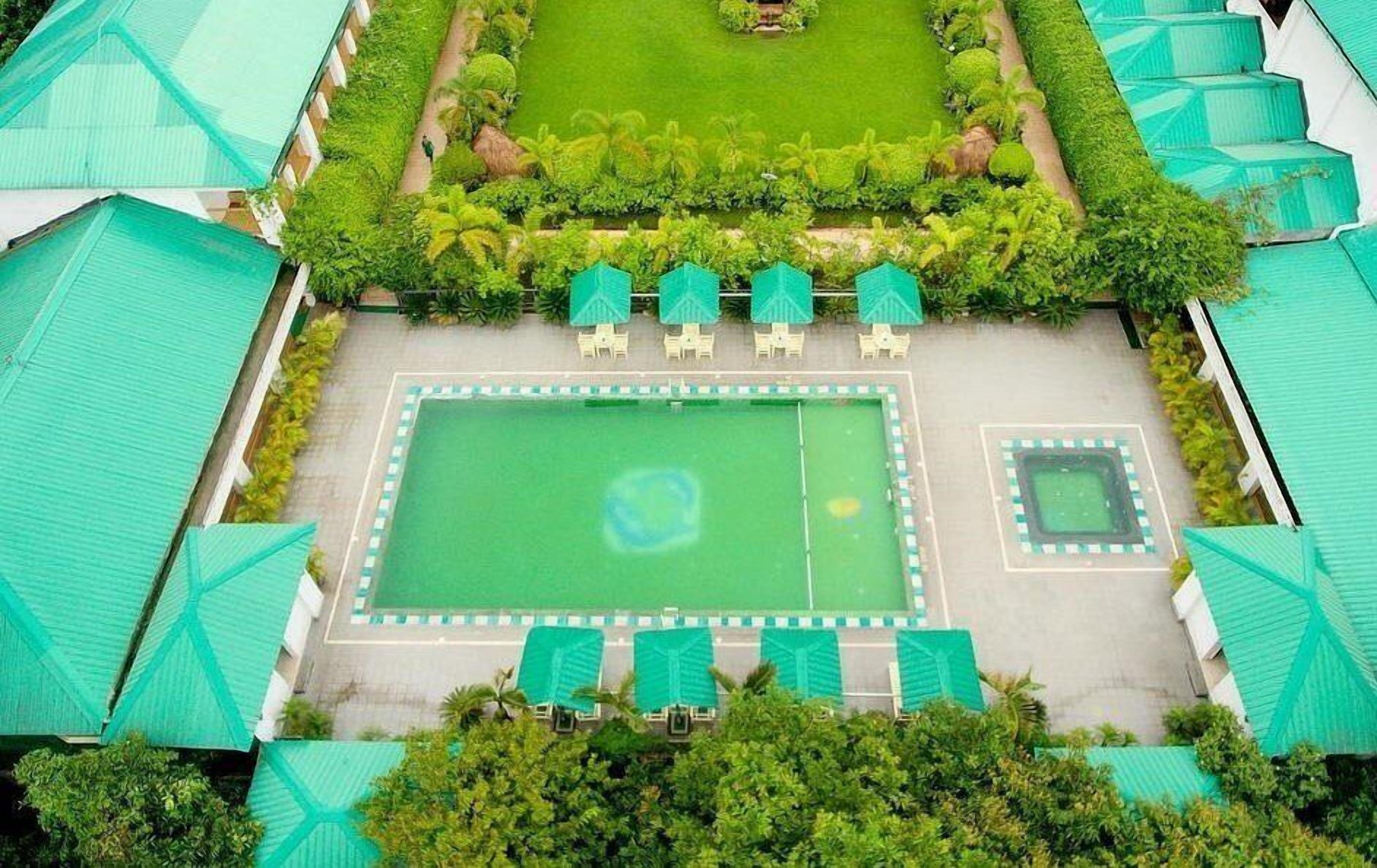 Un patio con un césped central, rodeado de árboles y una zona de piscina con tumbonas.