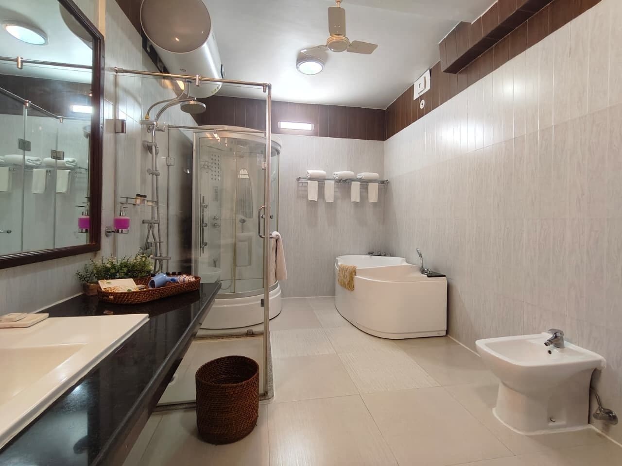 Ein modernes Badezimmer mit einer Glasdusche, einer Badewanne, einem Waschbecken und einem Bidet.