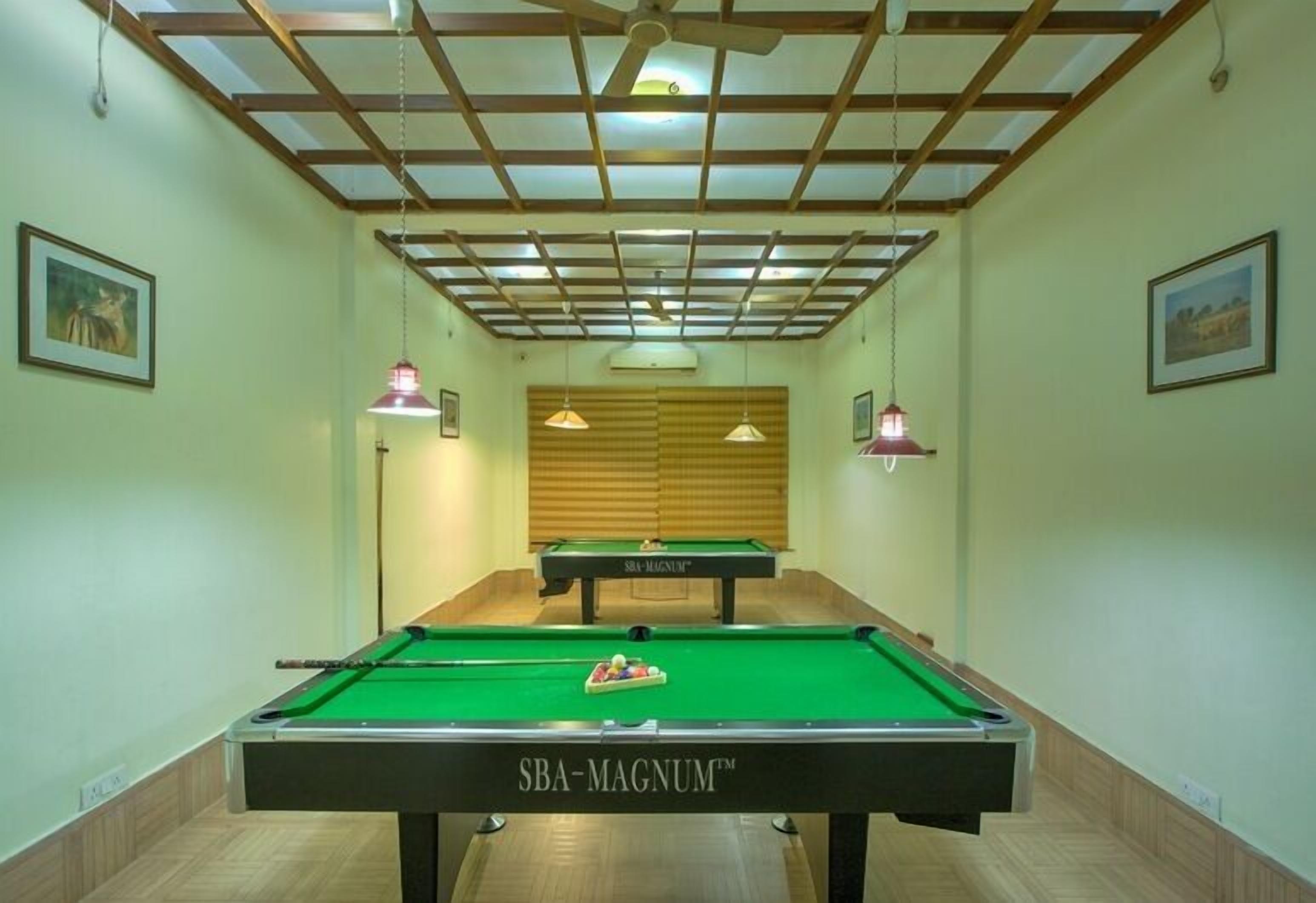 Une table de billard portant la marque SABA-MAGNUM™, des poutres en bois au plafond et des luminaires suspendus.
