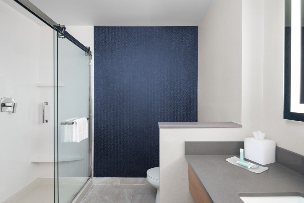Een moderne badkamer met een douchecabine van glas, een toilet en een wastafel met een handdoek en zakdoekjes.