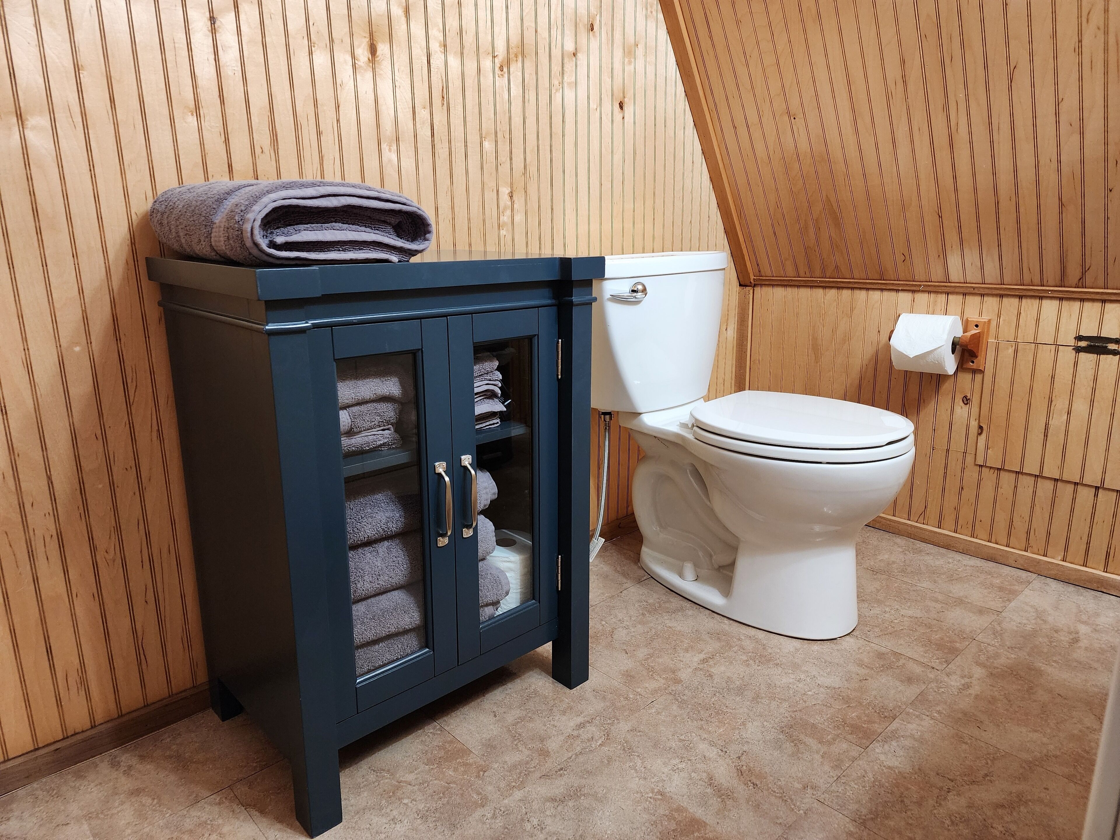 Ein Badezimmer mit einer Wandpaneele aus Holz, einem dunkelblauen Schrank mit Glastüren, einer weißen Toilette und einem Handtuchhalter.