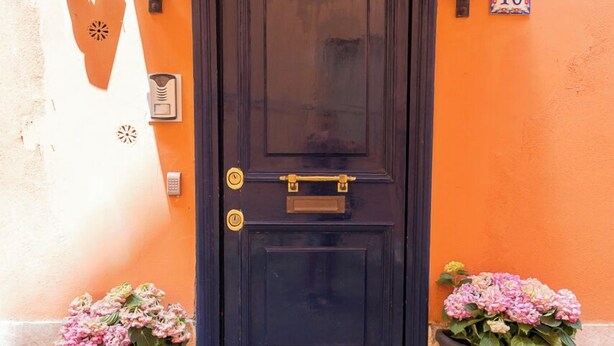 A black door with a brass handle and a small brass plate, flanked by two potted plants with pink flowers, set against an orange wall with a number '16' sign. - Rione Monti Studio Apt (Rome)