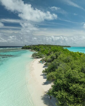 A beach with clear turquoise water, white sand, and dense green foliage. - Three Hearts Guesthouse (Fulhadhoo)