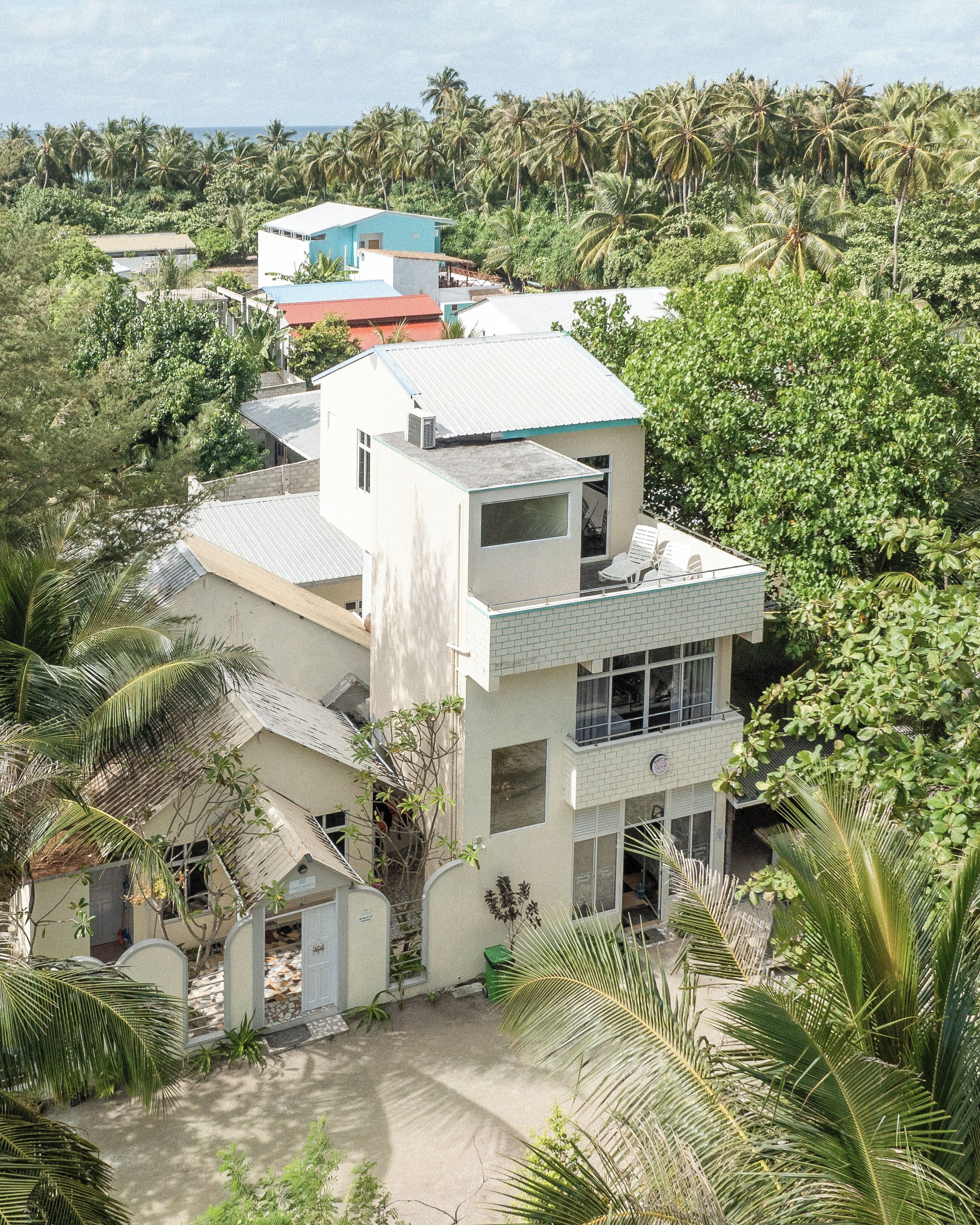 A modern two-story house with a flat roof, surrounded by dense tropical vegetation.