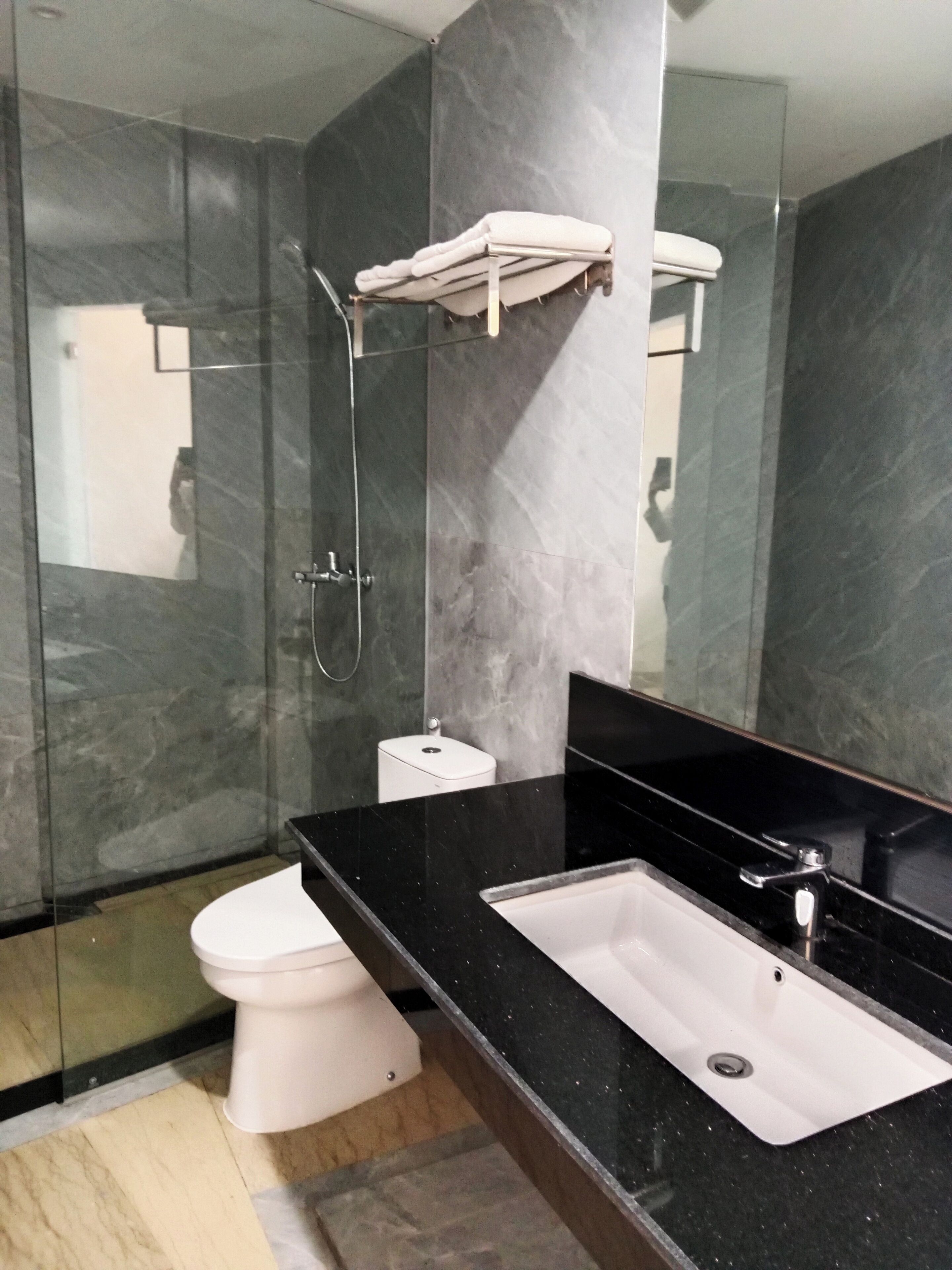 A modern bathroom with a glass shower enclosure, a white toilet, and a black sink with a mirror above it.
