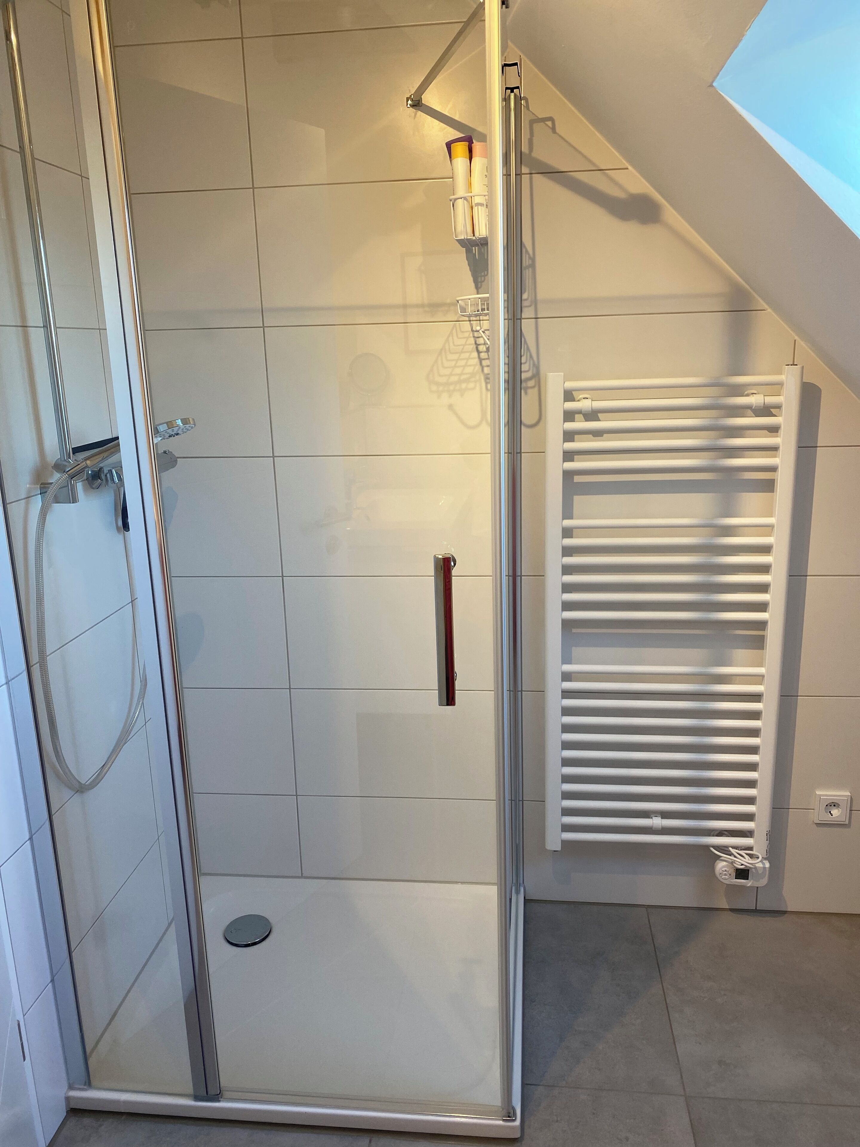 Un espacio de ducha moderno con puerta de vidrio, cabezal de ducha manual y toallero de pared.