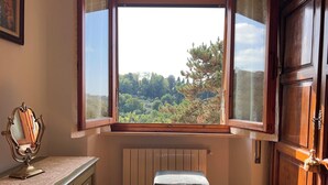 Una habitación con un armario de madera, un radiador y una ventana con vistas a árboles.