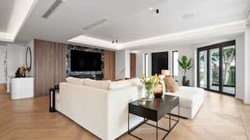 Een televisie en een open haard