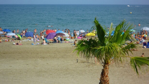 Ein Strand mit badenden Menschen, Liegestühlen und Sonnenschirmen, sowie Palmen.
