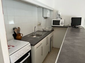 Una cocina compacta con estufa, microondas y lavamanos.