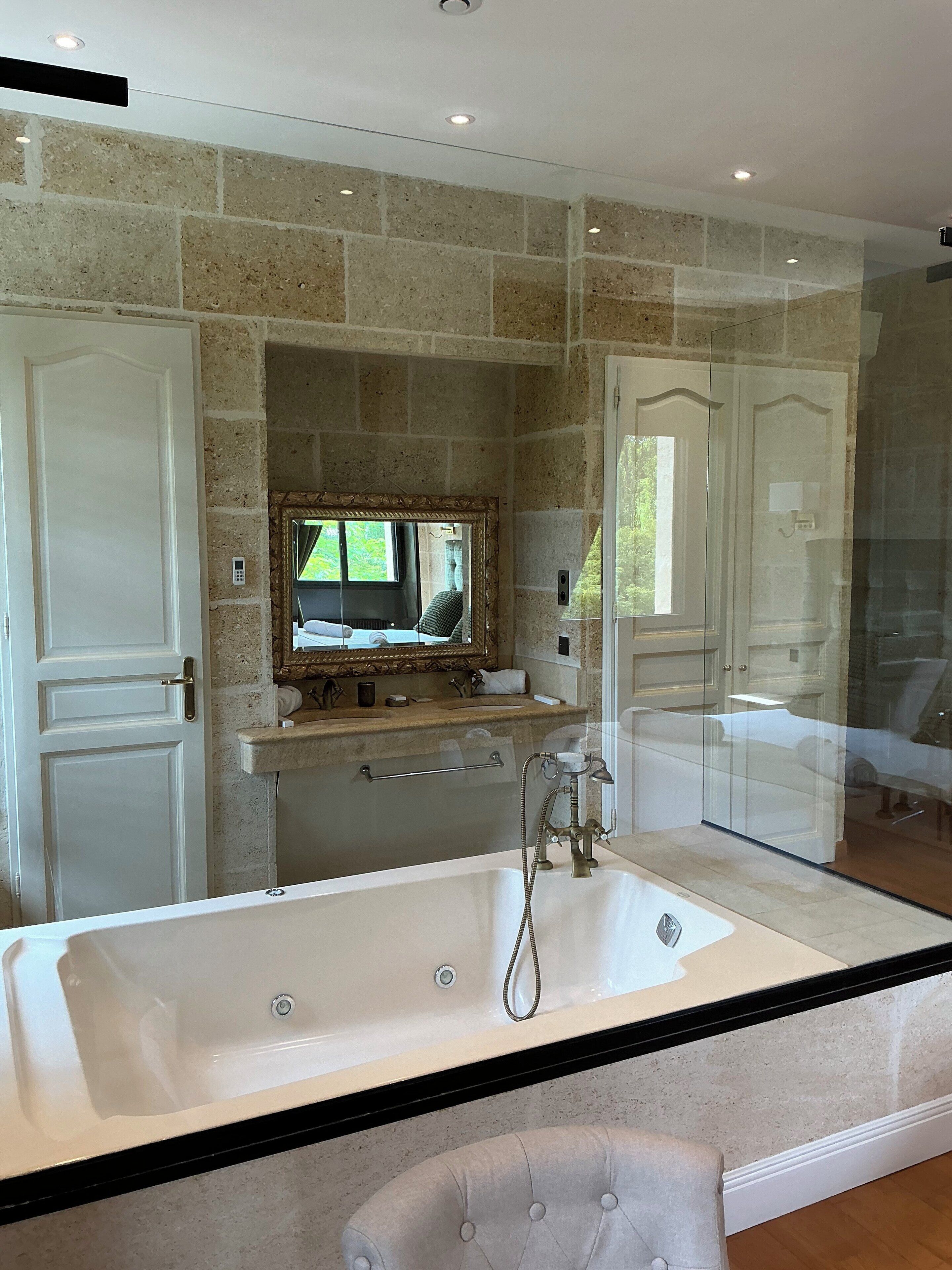 Hair dryer, towels, soap, shampoo