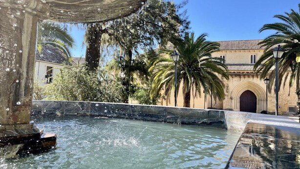 A clear water feature with a stone structure, palm trees, and a building with an arched entrance in the background. - Charming New Apartment in Historic Córdoba, Walk to Top Attractions (Córdoba)