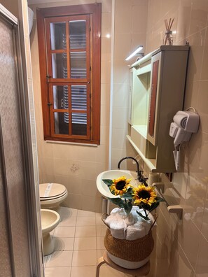 Ducha, secador de pelo, bidet, toallas