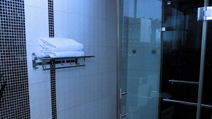 A bathroom with a glass-enclosed shower, a toilet, and a towel rack. - Abat Guest House (Addis Ababa)
