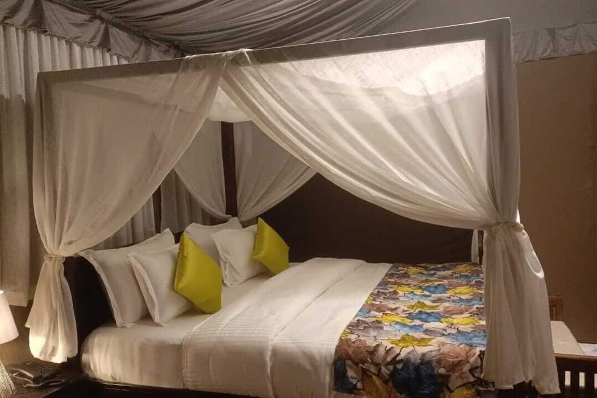 A bed with a canopy, pillows, a blanket, and a lamp on a bedside table.