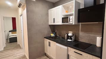 Appartamento Classic | Cucina privata | Piano cottura, pentole/stoviglie/utensili, prodotti per la pulizia