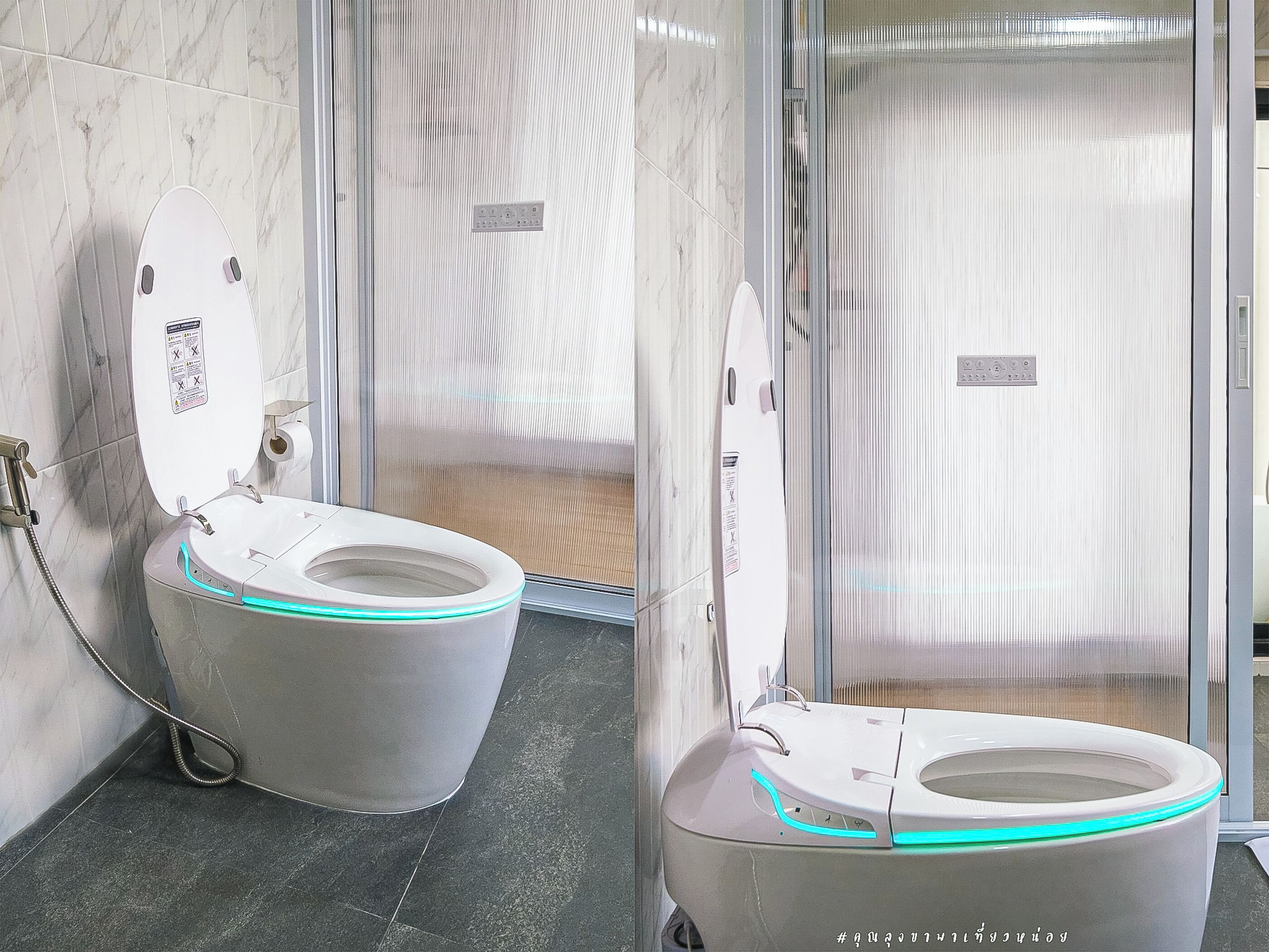 Een moderne badkamer met een wit toilet, een douchegedeelte en een glazen deur.