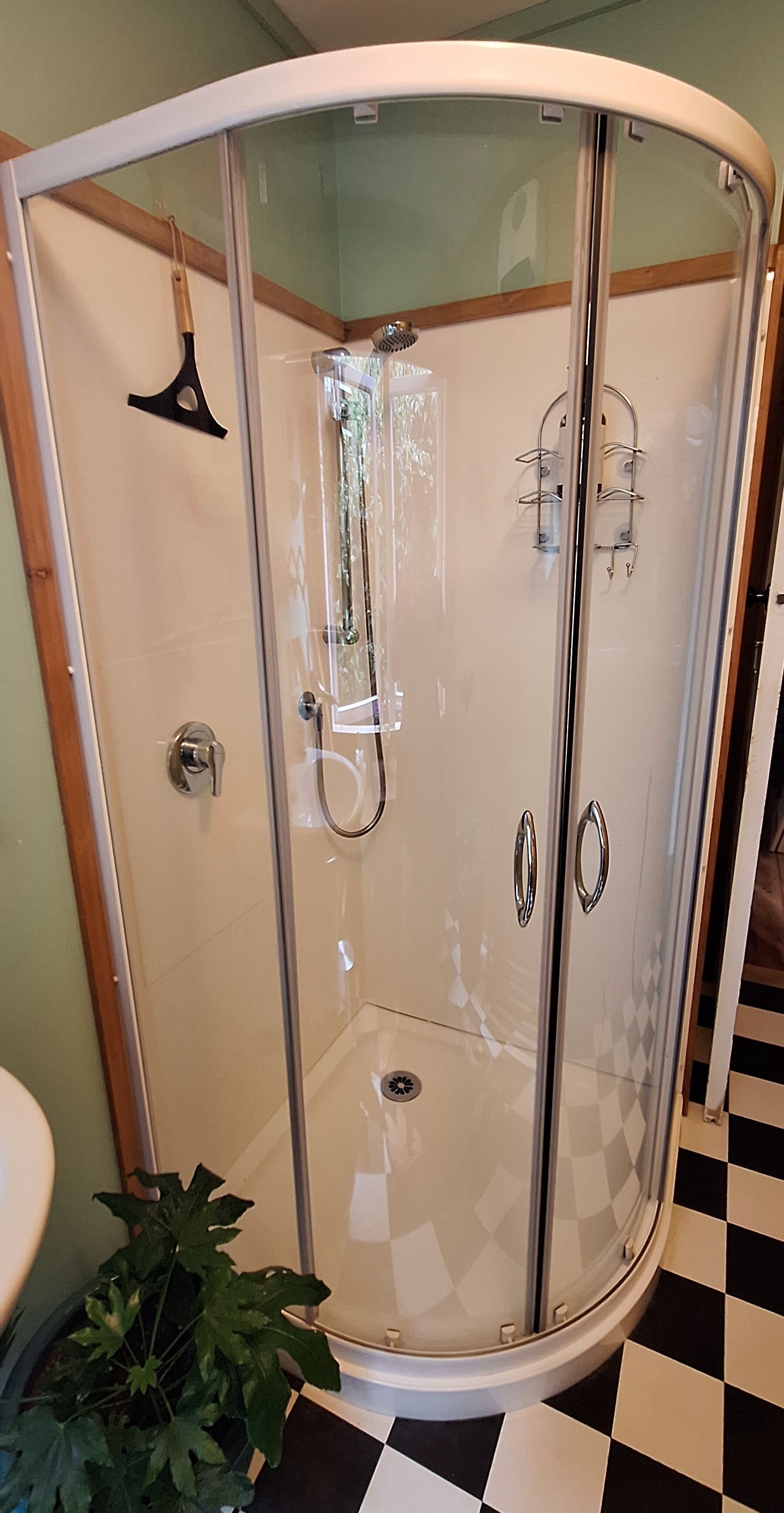 A glass-enclosed shower with a white door, a towel rack, and a showerhead.