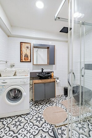 Séchoir à cheveux, serviettes fournies, shampooing, papier de toilette