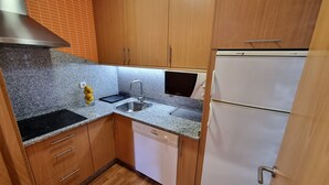 A compact kitchen with wooden cabinets, a stainless steel sink, a dishwasher, and a white refrigerator. - 2 Bed Flat - Sleeps 6 - Pets - Pool - Parking (Vilagarcia de Arousa)