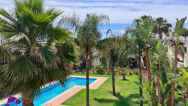 A pool surrounded by lush greenery and palm trees. - Casa Mila Roda Sleeps 4 With Pool (San Javier)