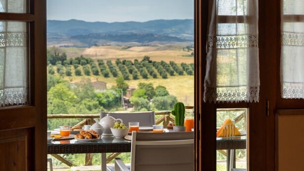 A dining table with breakfast items and a cactus, overlooking a scenic landscape. - Villa Frantusina Volterra (Volterra)