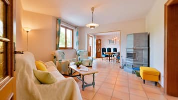 TV, fireplace, DVD player, books