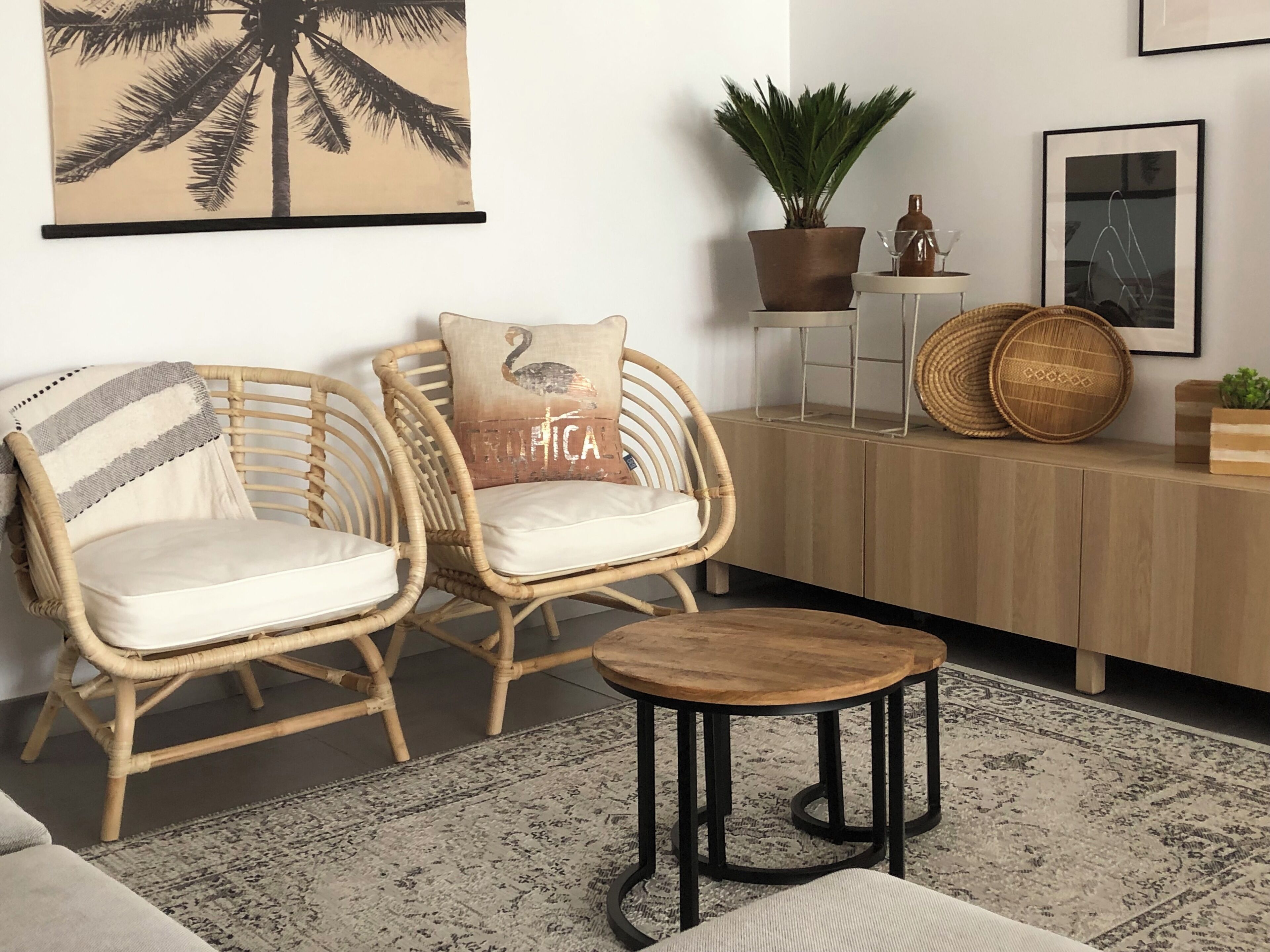 Ein Wohnzimmer mit zwei Korbstühlen, einem kleinen Holztisch, einer Topfpflanze, einem Schrank und einem gerahmten Bild an der Wand.