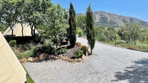 A gravel path leading to a building with a beige exterior, surrounded by trees and a mountainous backdrop. - Beautiful Teepee With Private Facilities (Zujar)