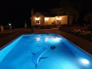 Una piscina con un mosaico de delfín, una casa con mobiliario exterior y una palmera.