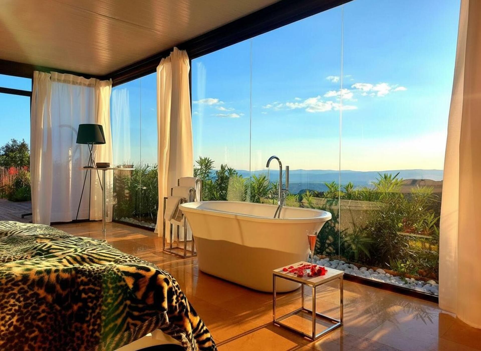 A modern bedroom with a large window, a bathtub, and a leopard print bedspread.